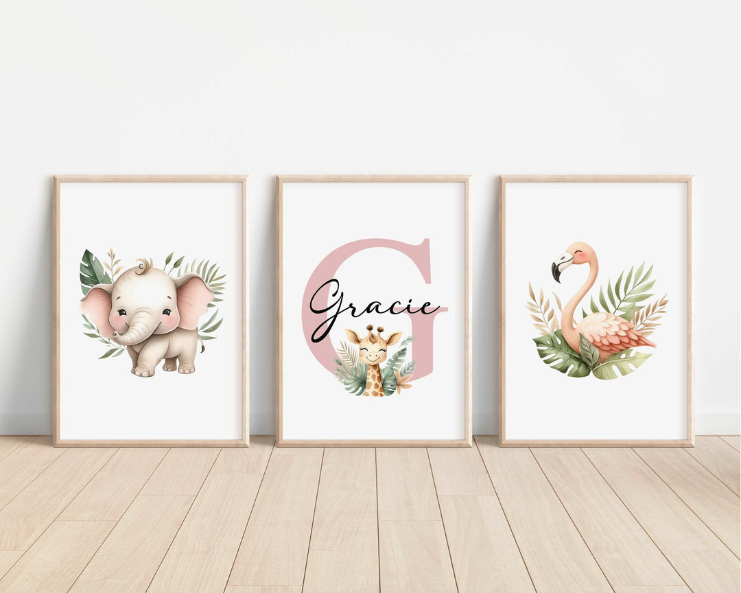 SET OF 3 Safari Animals Personalised Bedroom Prints