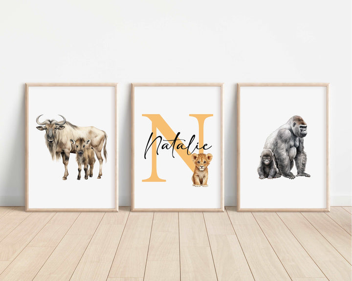 SET OF 3 Safari Animals Personalised Prints