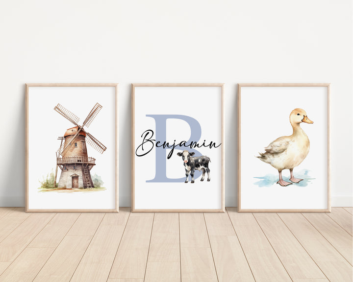 SET OF 3 Cute Farm Animals Personalised Bedroom Prints