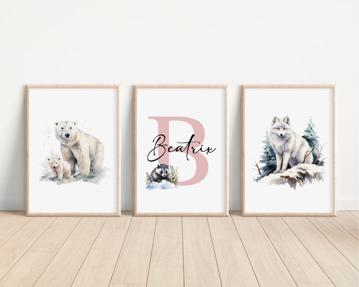 SET OF 3 Arctic Animals Personalised Bedroom Prints