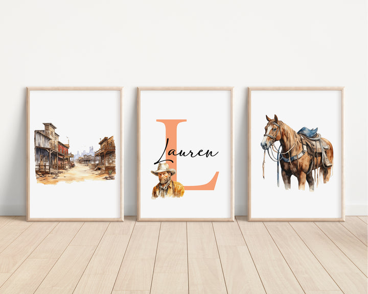 SET OF 3 Western Cowboy Personalised Bedroom Prints