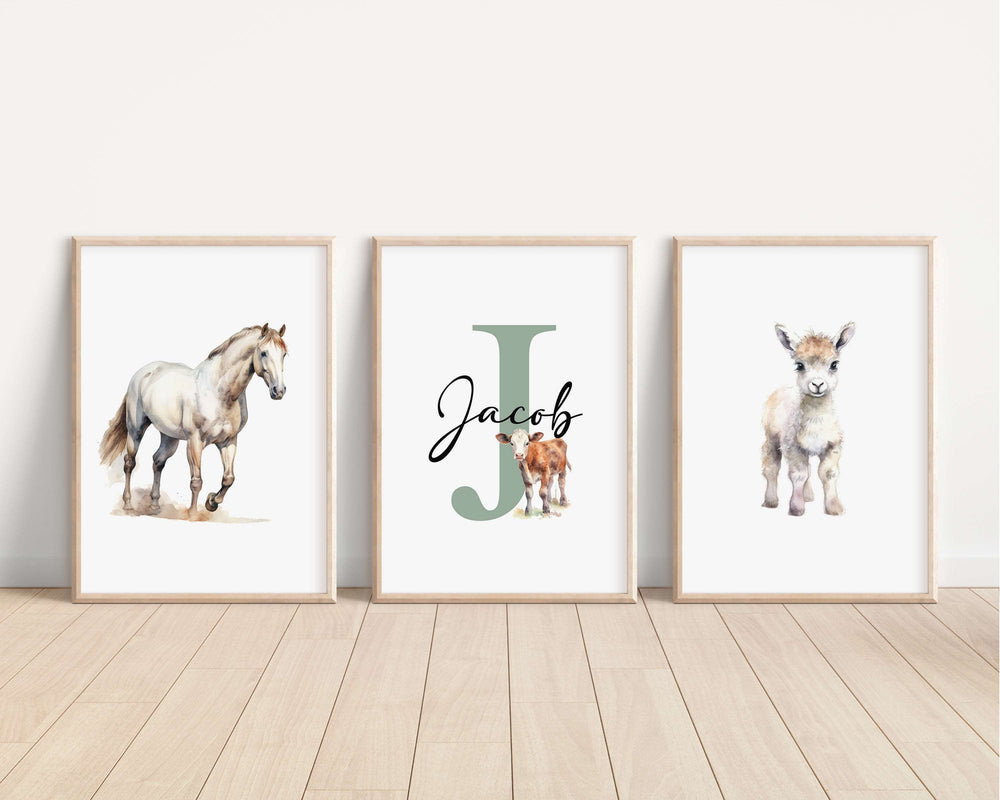 SET OF 3 Farm Animals Personalised Bedroom Prints