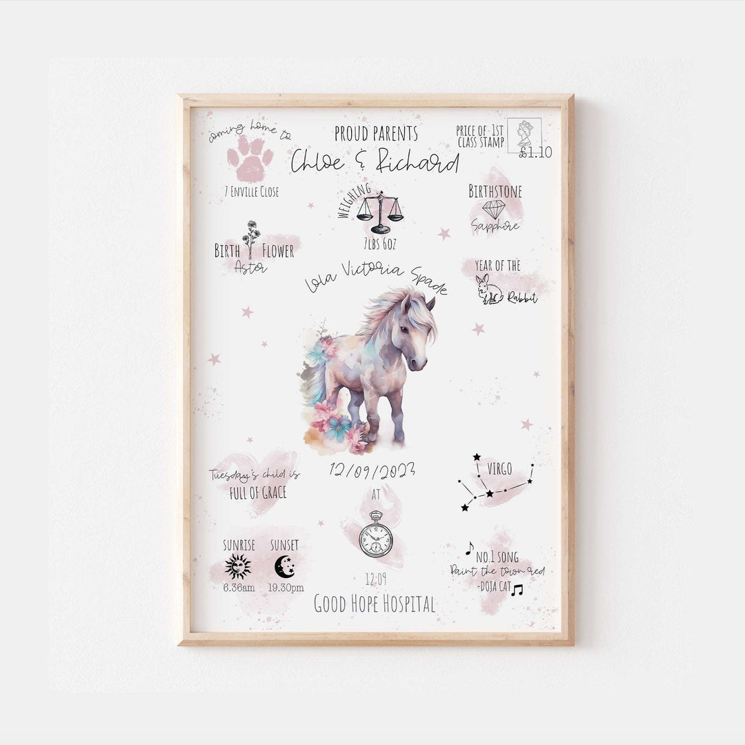 Pink Pony Personalised The Day You Were Born Bedroom Print