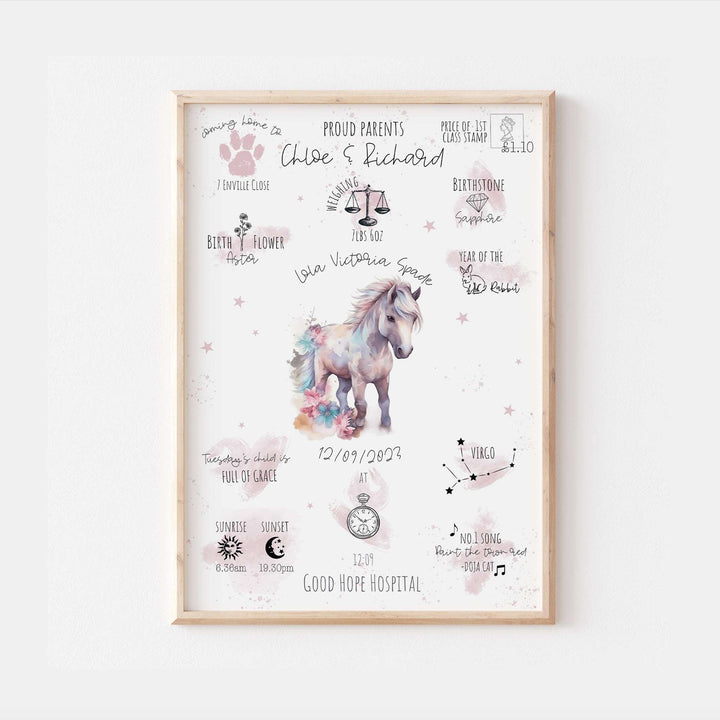 Pink Pony Personalised The Day You Were Born Bedroom Print