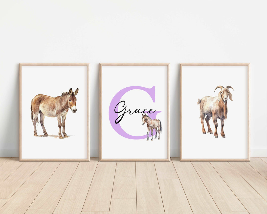 SET OF 3 Farm Animals Personalised Bedroom Prints