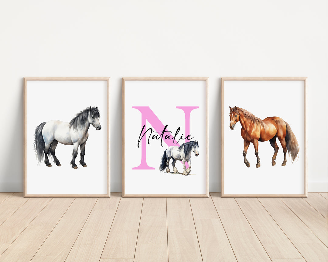 SET OF 3 Horses Pony Personalised Bedroom Prints