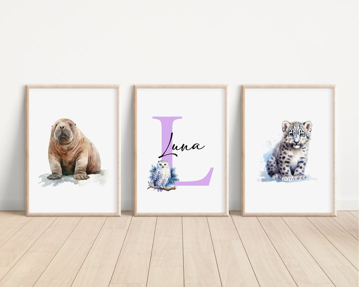 SET OF 3 Arctic Animals Personalised Bedroom Prints