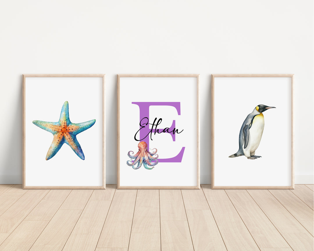 SET OF 3 Ocean Sea Animals Personalised Bedroom Prints