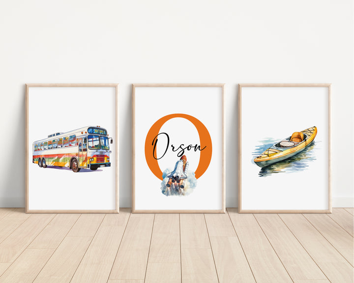 SET OF 3 Transport Kids Personalised Bedroom Prints