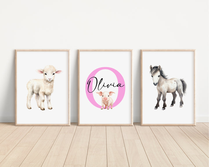 SET OF 3 Cute Farm Animals Personalised Bedroom Prints