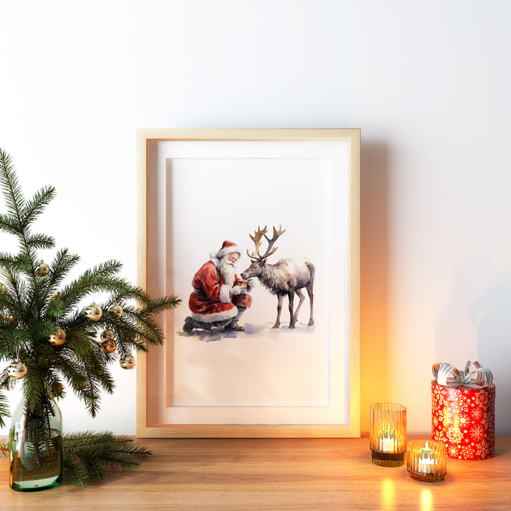 Santa Claus & Reindeer Christmas Wall Print