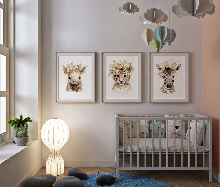 Floral Watercolour Baby Safari Animals Bedroom Prints