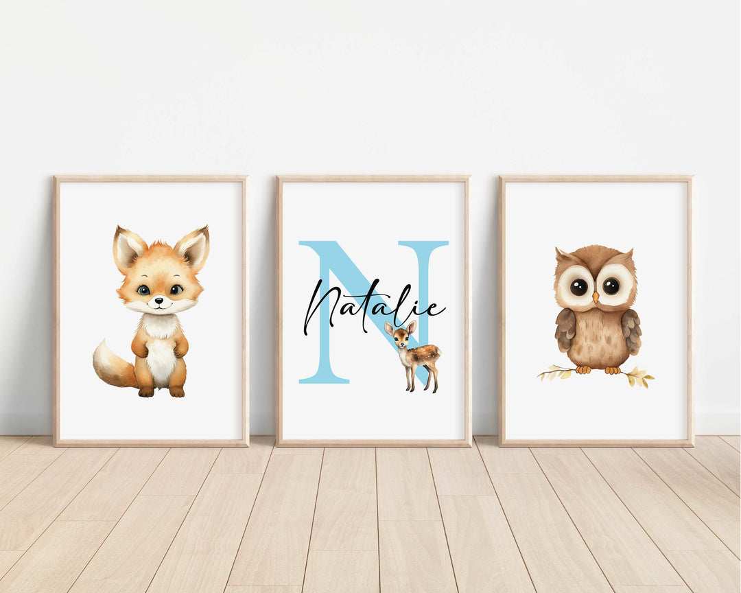 SET OF 3 Woodland Animals Personalised Bedroom Prints