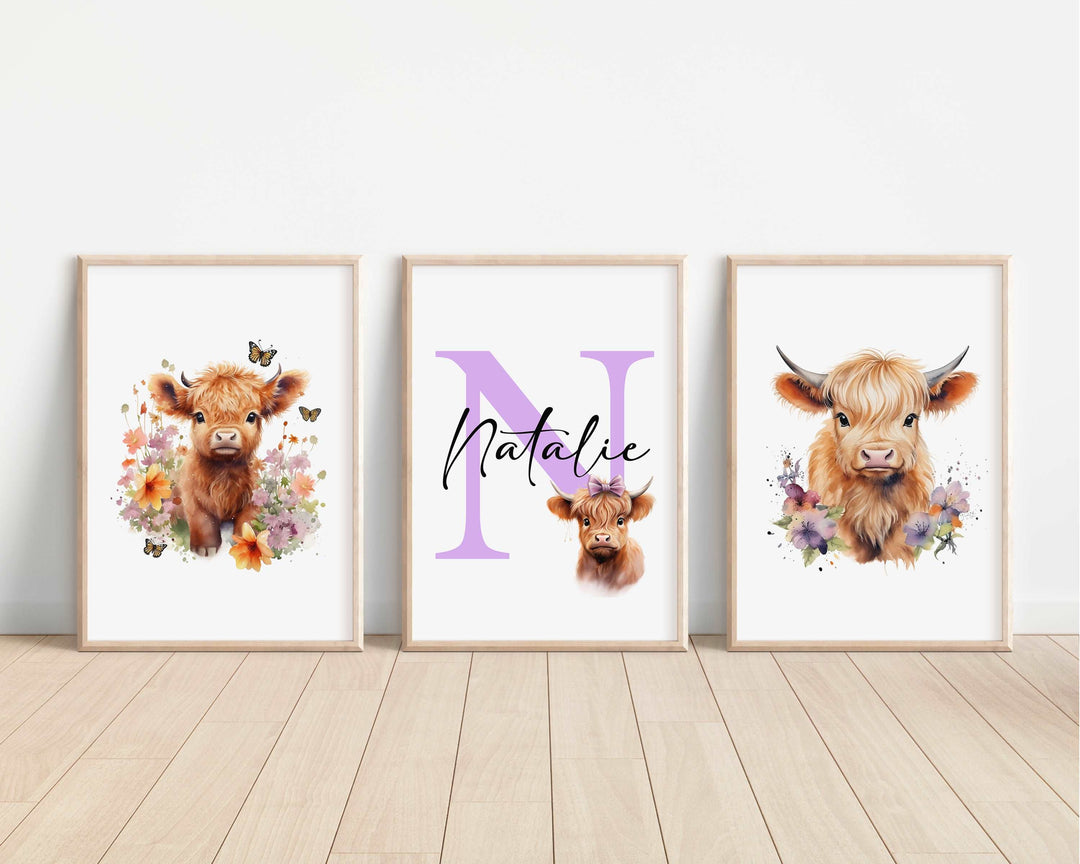 SET OF 3 Highland Cows Personalised Bedroom Prints