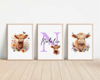 SET OF 3 Highland Cows Personalised Bedroom Prints