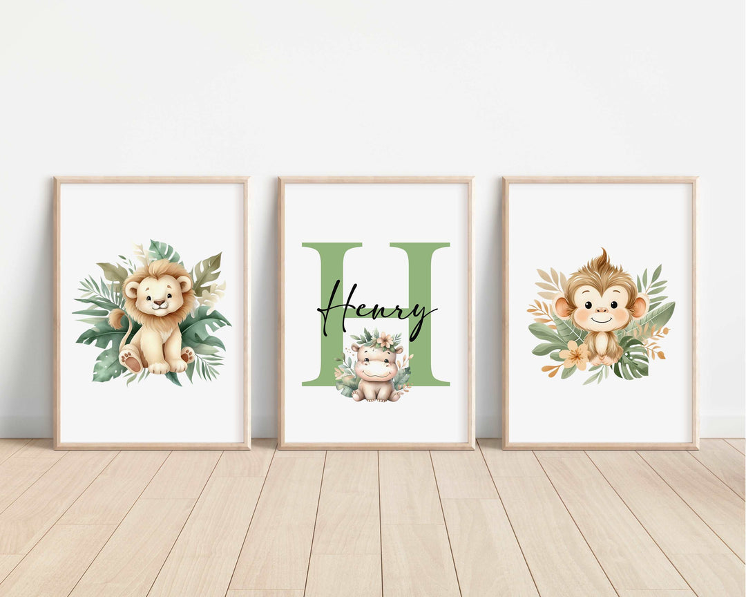 SET OF 3 Safari Animals Personalised Bedroom Prints