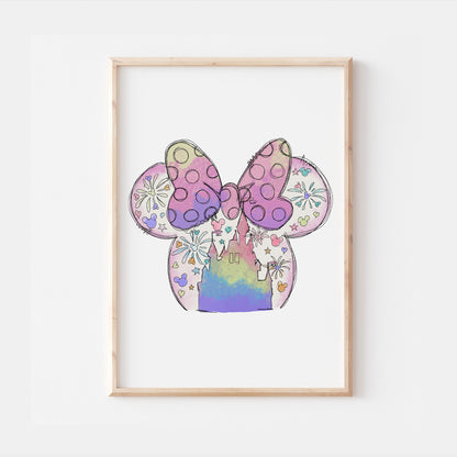 Watercolour Disneyland Castle Minnie Bow Print