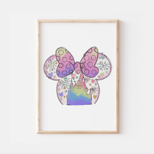 Watercolour Disneyland Castle Minnie Bow Print