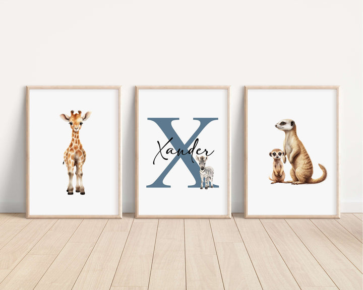 SET OF 3 Safari Animals Personalised Prints