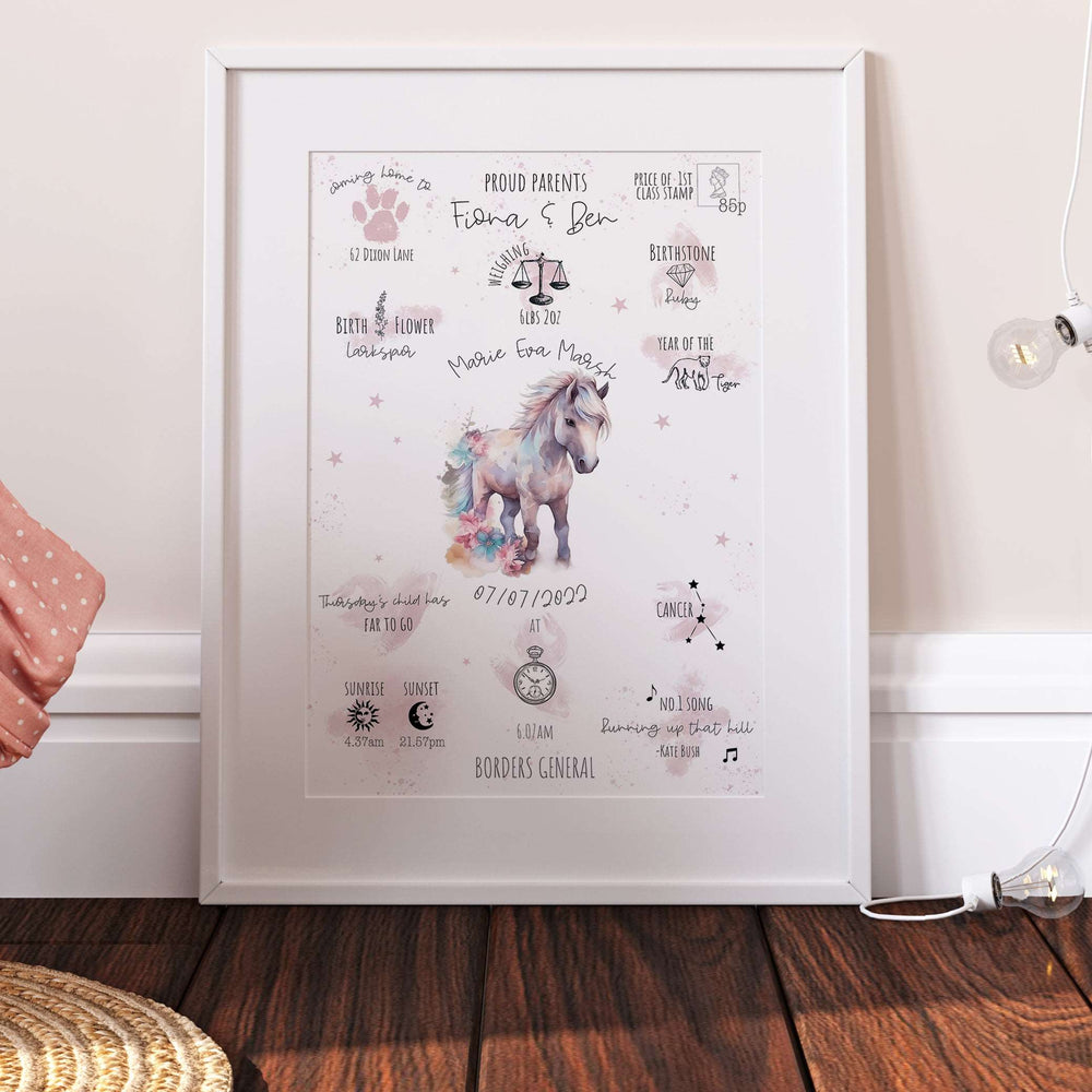 Pink Pony Personalised The Day You Were Born Bedroom Print