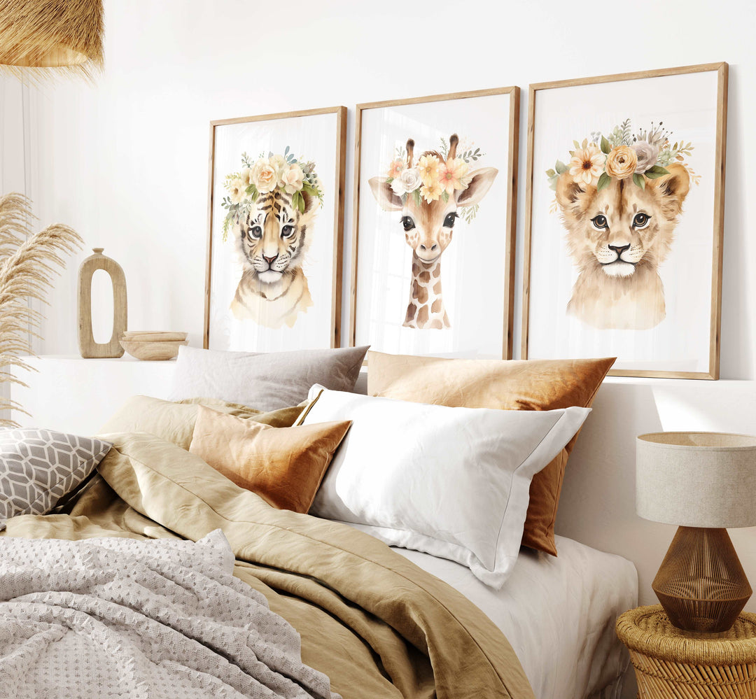 Floral Watercolour Baby Safari Animals Bedroom Prints