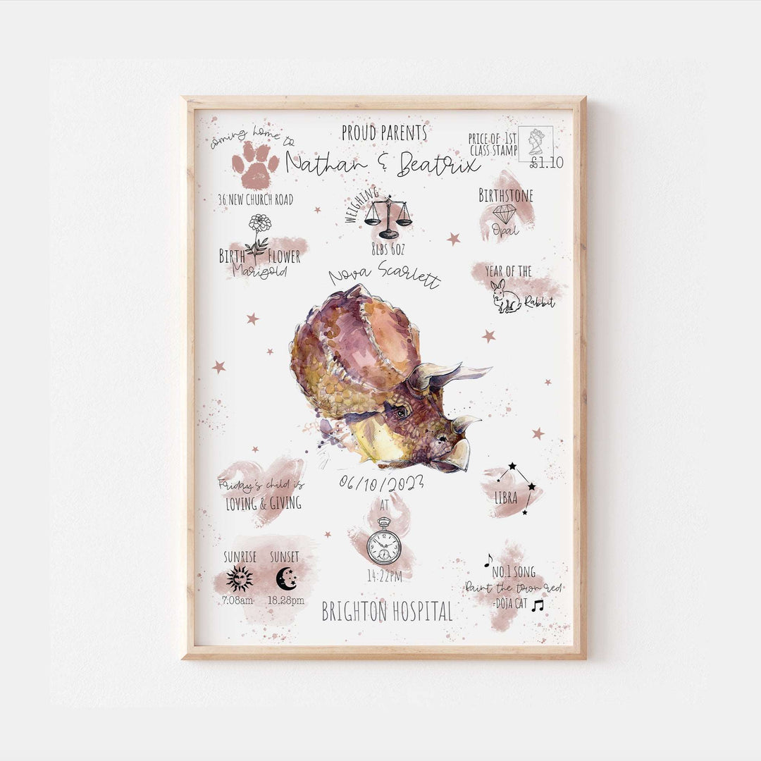 Triceratops Dinosaur Personalised The Day You Were Born Birth Print