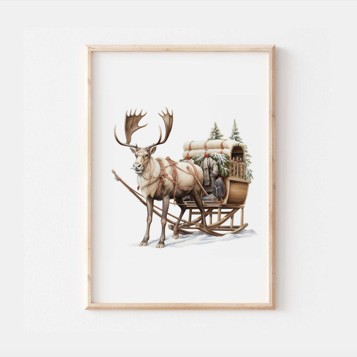 Reindeer Sleigh Christmas Wall Print