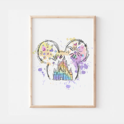Watercolour Disneyland Castle Mickey Ears Print