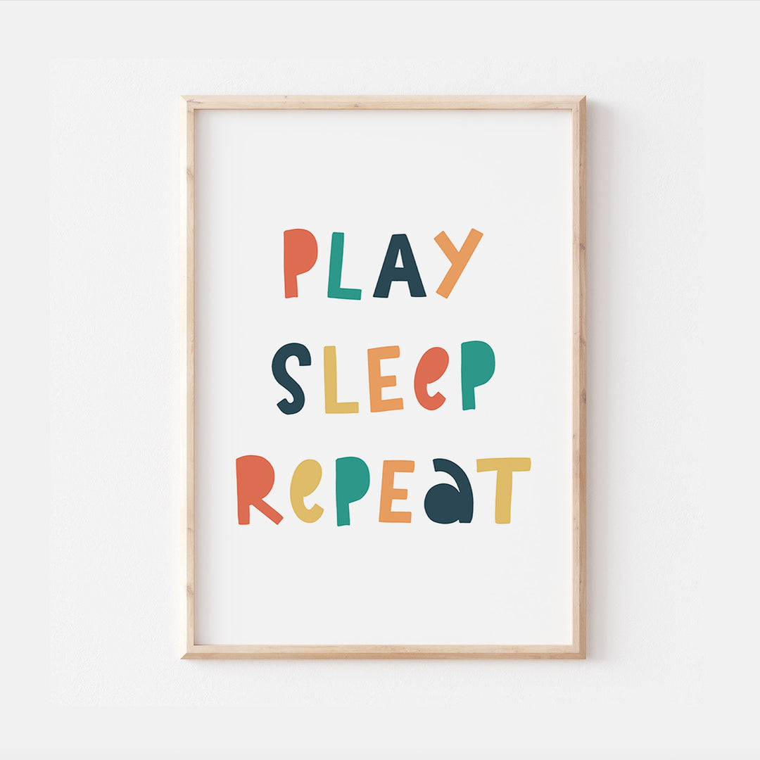 PLAY SLEEP REPEAT Quote Colourful Kids Nursery Print Baby Bedroom Decor Posters Quote Explorer Scandi Nordic Style Typography