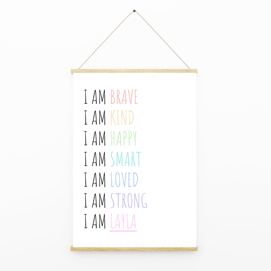 I am | Personalised Rainbow Name Print Pastel affirmation quote Children’s Nursery Wall Art Decor Educational Kids Newborn bedroom poster