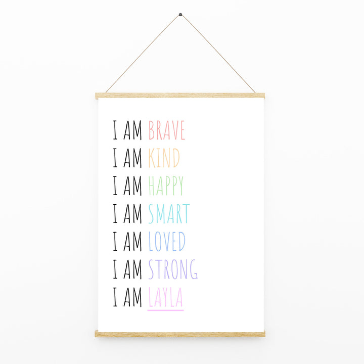 I am | Personalised Rainbow Name Print Pastel affirmation quote Children’s Nursery Wall Art Decor Educational Kids Newborn bedroom poster