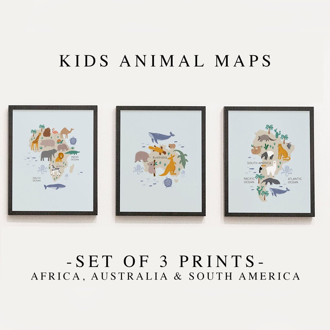 SET OF 3 Animal World Maps Prints | Kids Nursery Print Baby Bedroom Decor Posters | Quote Explorer Adventure Style