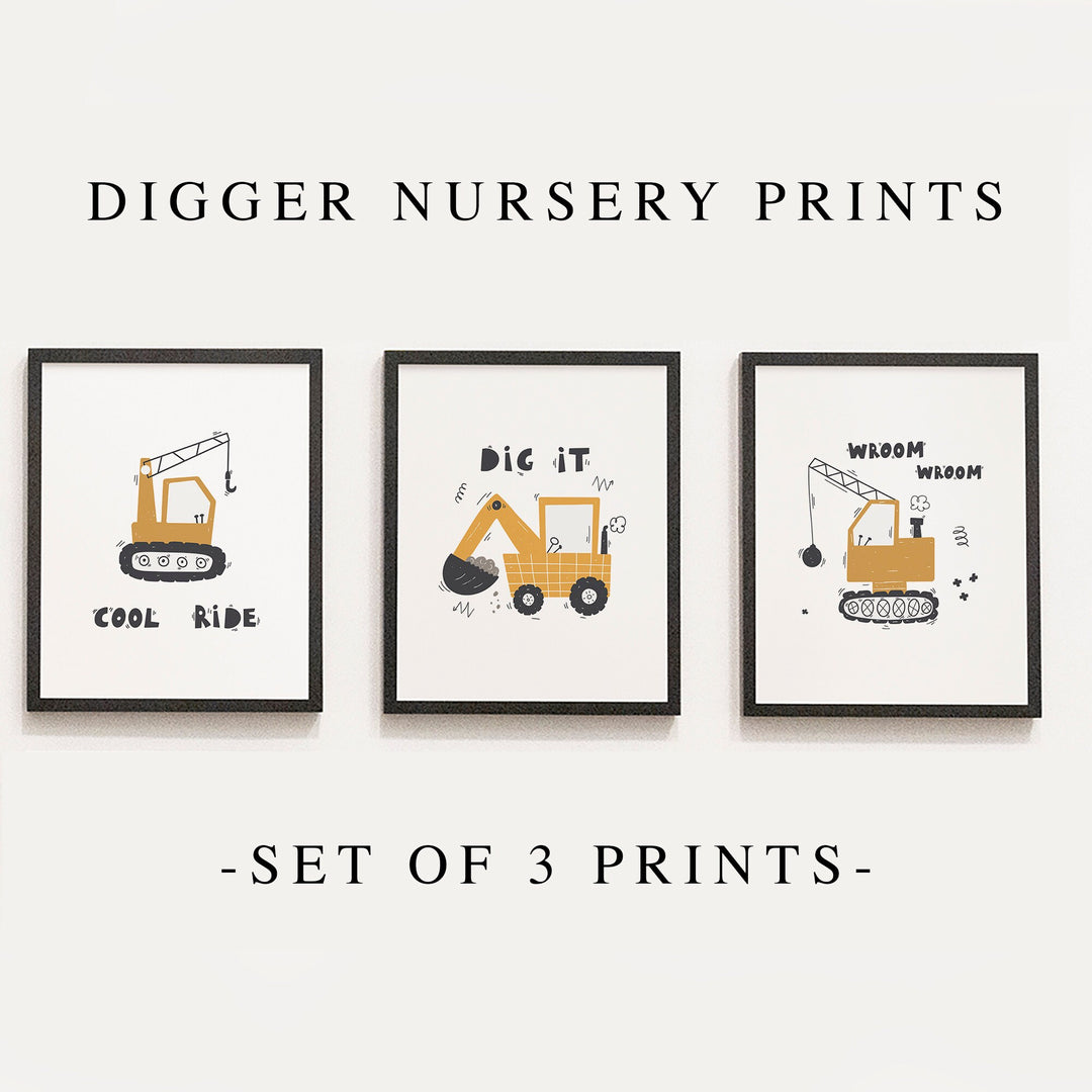 SET OF 3- Diggers Construction Builder Vehicle Trucks Kids Nursery Print Baby Bedroom Decor Posters Quote Explorer