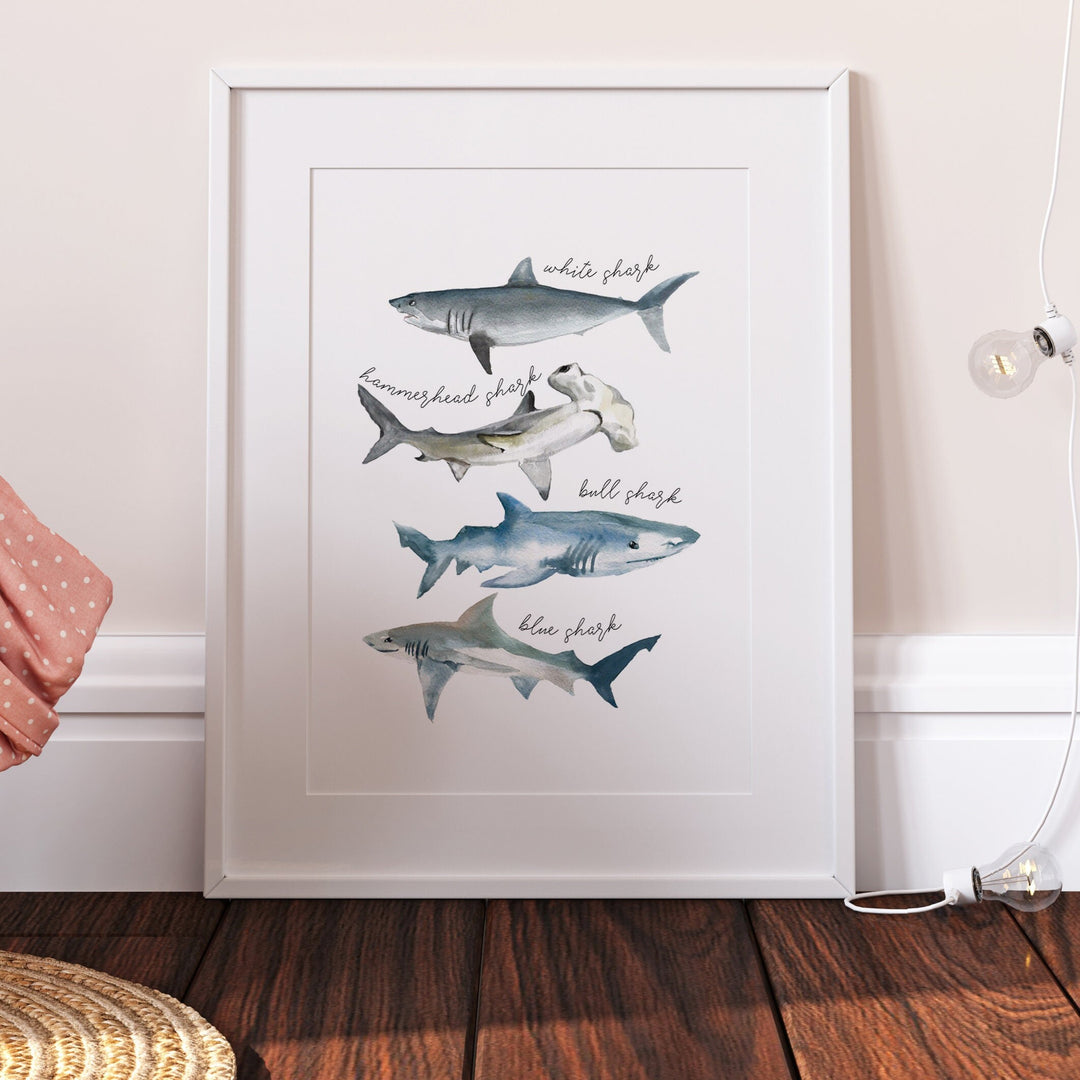 Shark Print | Ocean Great White Shark Hammerhead Goblin Whale Alphabet Print Poster Educational Kids Bedroom Nursery Decor Wall Art