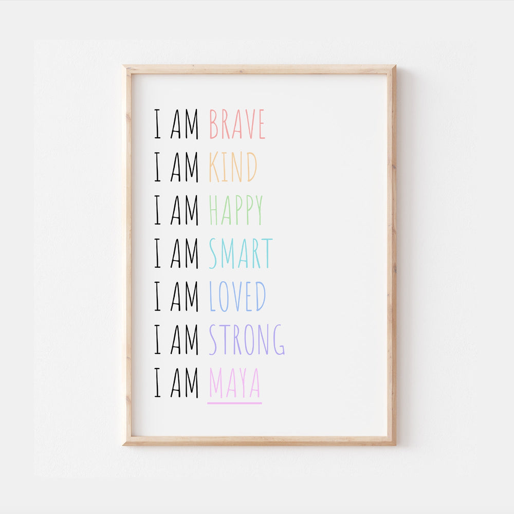 I am | Personalised Rainbow Name Print Pastel affirmation quote Children’s Nursery Wall Art Decor Educational Kids Newborn bedroom poster