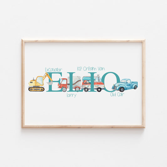 Vehicle Transport | Personalised ABC Vehicle Print| Bedroom Boats Print Kids Cars Trucks Children Nursery Bedroom Art Wall Decor Watercolour