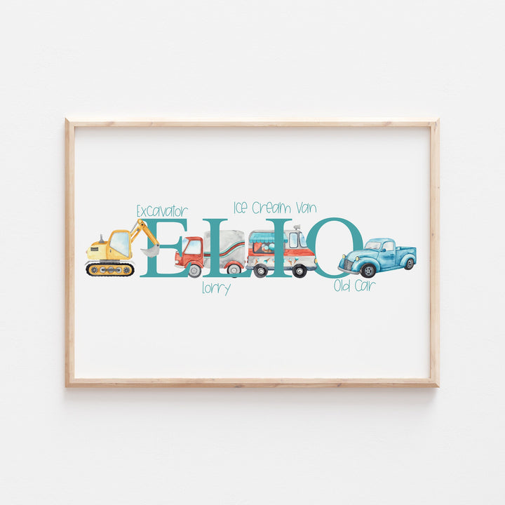 Vehicle Transport | Personalised ABC Vehicle Print| Bedroom Boats Print Kids Cars Trucks Children Nursery Bedroom Art Wall Decor Watercolour