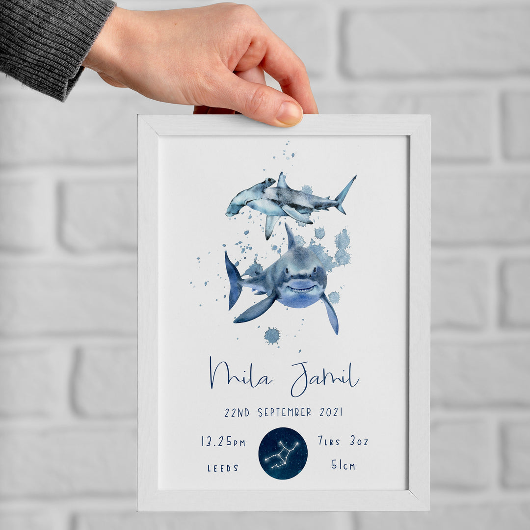 Personalised The Day You Were Born Shark Ocean Newborn Print Watercolour Bedroom Nursery Decor Baby Gift Poster Baby Shower Mothers Day