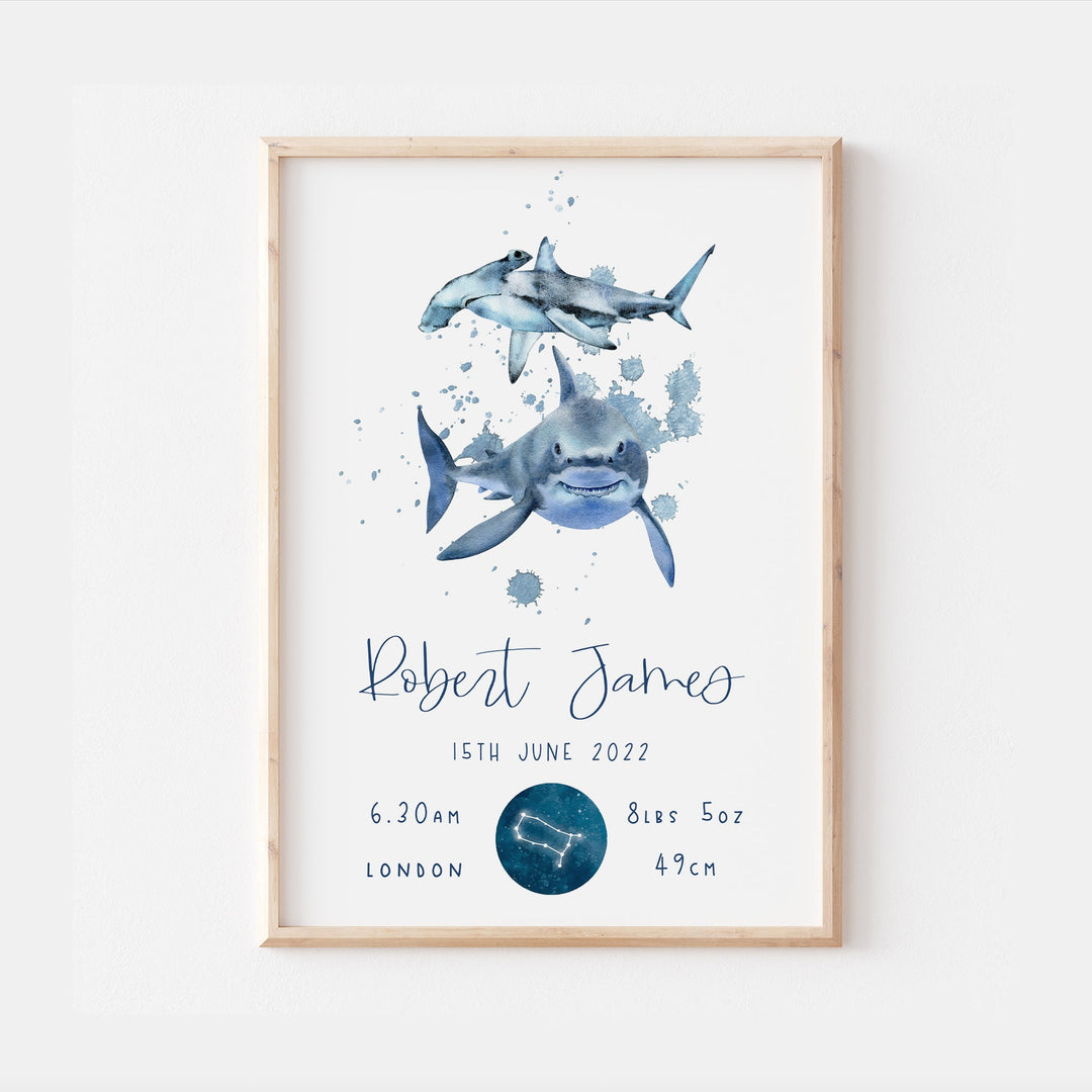 Personalised The Day You Were Born Shark Ocean Newborn Print Watercolour Bedroom Nursery Decor Baby Gift Poster Baby Shower Mothers Day