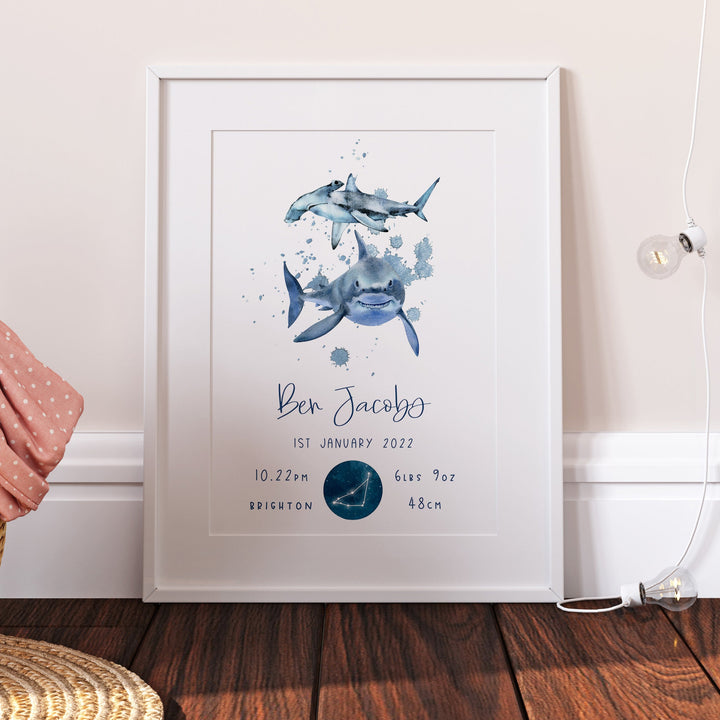 Personalised The Day You Were Born Shark Ocean Newborn Print Watercolour Bedroom Nursery Decor Baby Gift Poster Baby Shower Mothers Day