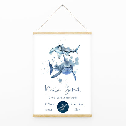 Personalised The Day You Were Born Shark Ocean Newborn Print Watercolour Bedroom Nursery Decor Baby Gift Poster Baby Shower Mothers Day