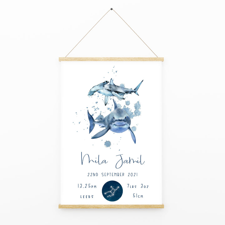 Personalised The Day You Were Born Shark Ocean Newborn Print Watercolour Bedroom Nursery Decor Baby Gift Poster Baby Shower Mothers Day