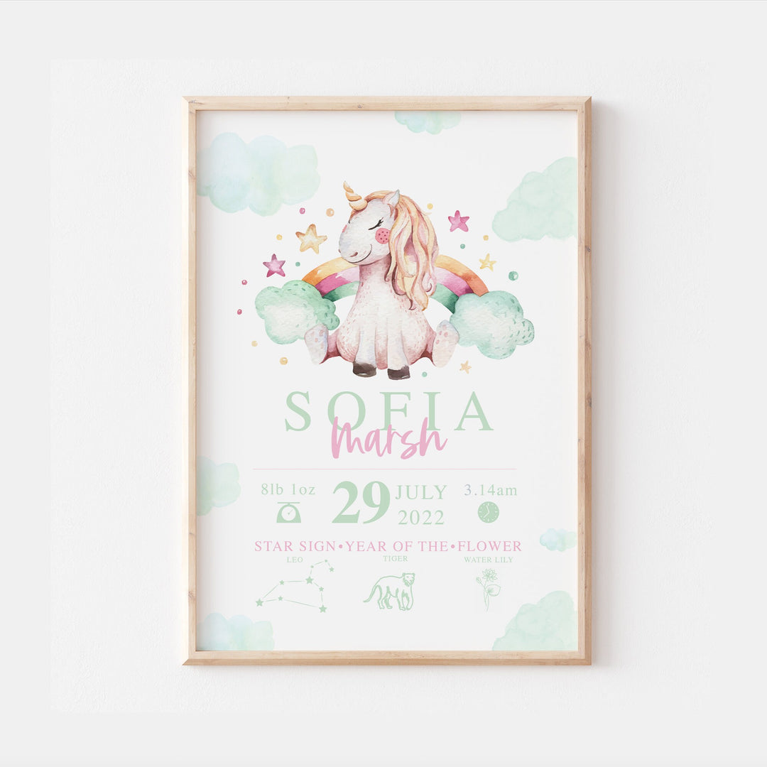 Unicorn | Personalised The Day You Were Born Horse Print Magic Watercolour Bedroom Nursery Decor Baby Gift Mothers Day Gift Newborn