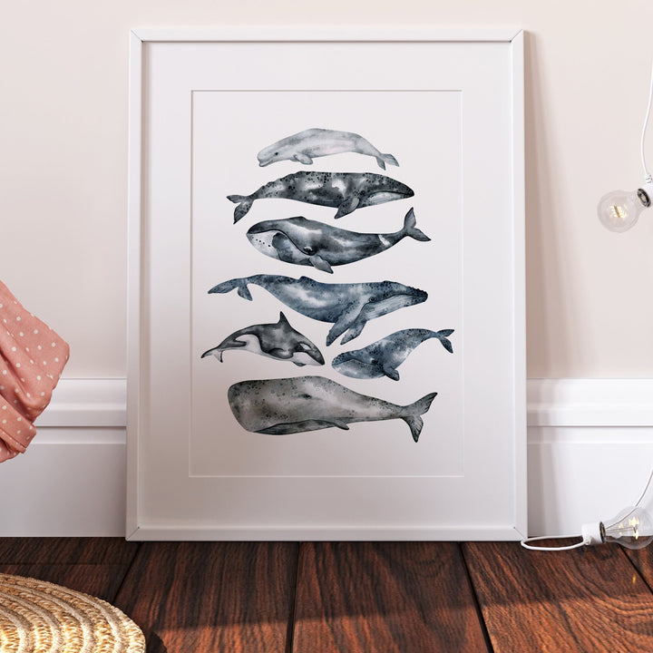 Whale Print | Ocean Beluga Orca Humpback Grey Sperm Minke Blue Whale Alphabet Print Poster Educational Kids Bedroom Nursery Decor Wall Art