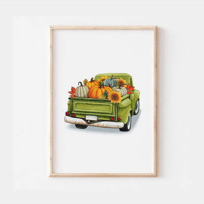 Fall Pumpkin Truck | Kids Autumn Sunflower Nursery Print Baby Bedroom Car Decor Posters Quote Halloween Style Broom Witch Watercolour