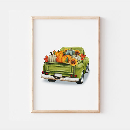 Fall Pumpkin Truck | Kids Autumn Sunflower Nursery Print Baby Bedroom Car Decor Posters Quote Halloween Style Broom Witch Watercolour