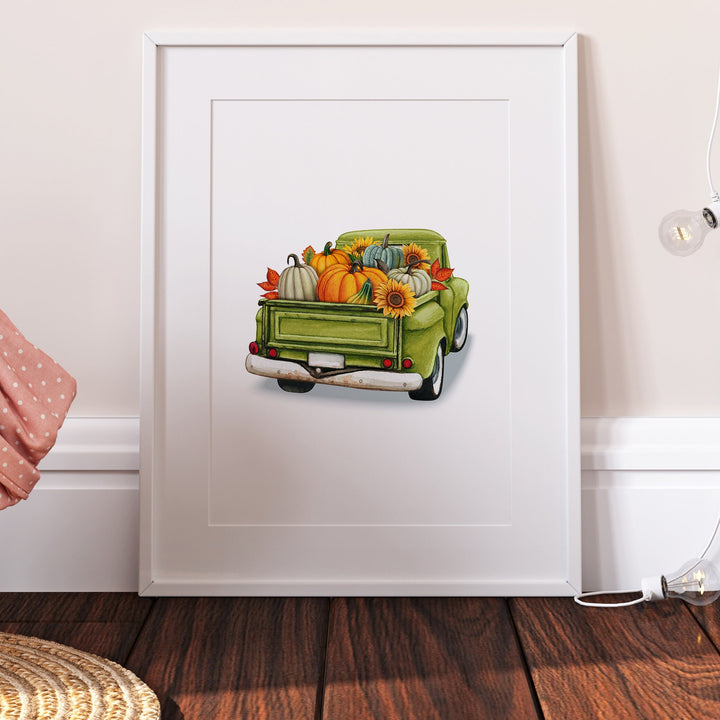 Fall Pumpkin Truck | Kids Autumn Sunflower Nursery Print Baby Bedroom Car Decor Posters Quote Halloween Style Broom Witch Watercolour