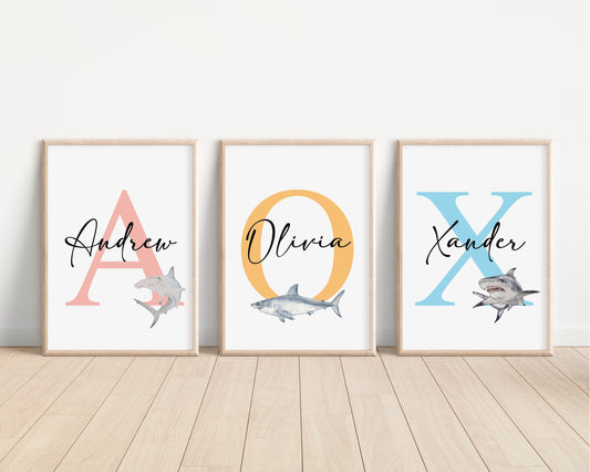 Sharks Personalised Print | Hammerhead Great White Sharks Ocean Marine Life Kids Children Nursery Bedroom Wall Disney Pixar