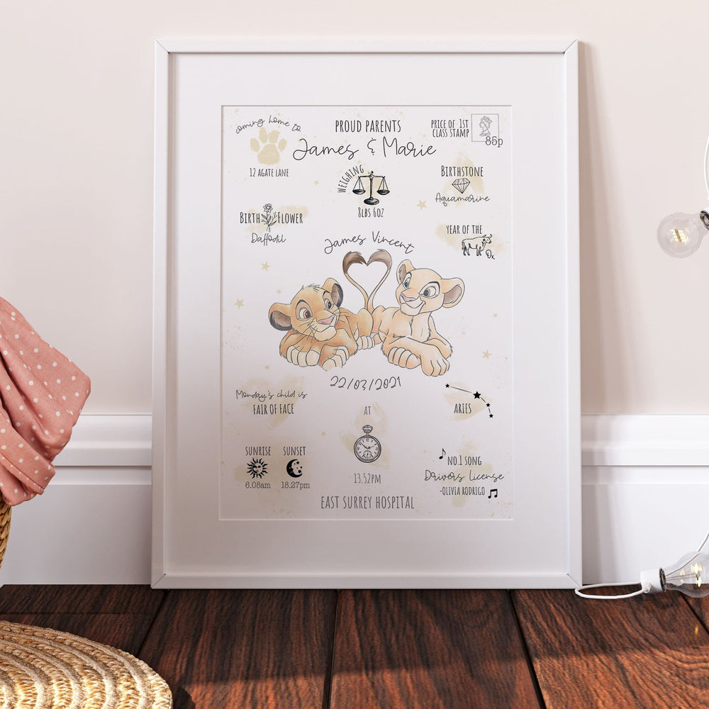 Personalised The Day You Were Born Newborn Print The Lion King Nala Simba Disney Watercolour Bedroom Nursery Decor Baby Gift Mothers Day