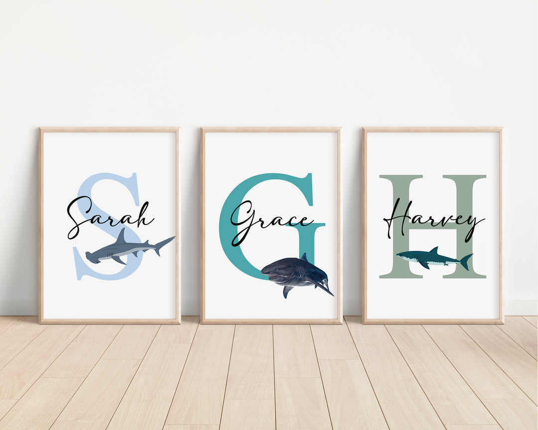 Sharks Personalised Print | Hammerhead Great White Sharks Ocean Marine Life Kids Children Nursery Bedroom Wall Disney Pixar